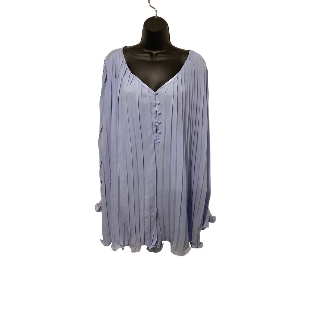 Light Blue Pleated V-Neck Blouse Long Sleeve Button Front Ruffle Cuff Top Large‎
